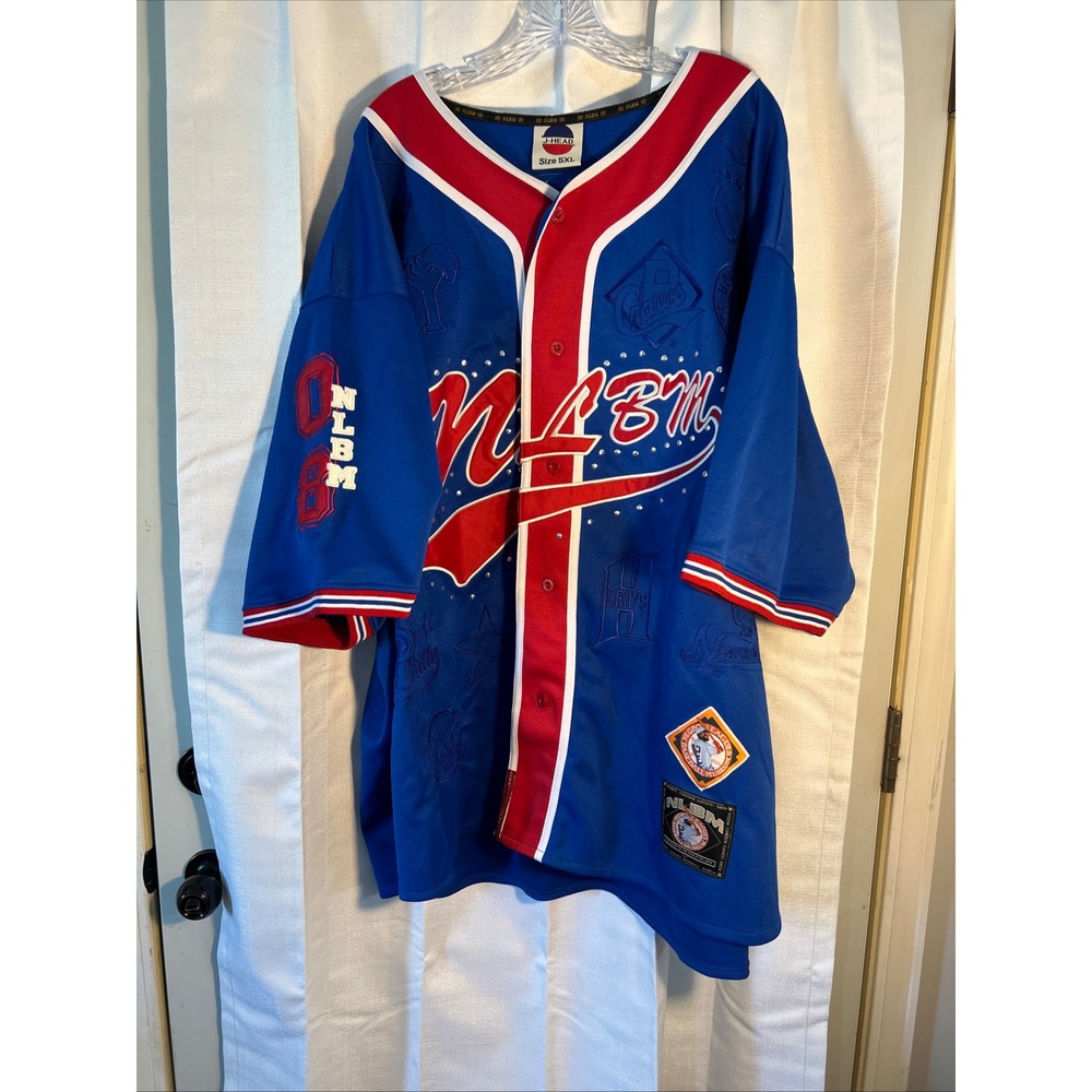 NLBM Baseball Jersey Button Up J-Head Embroidered Patches Blue Mens‎